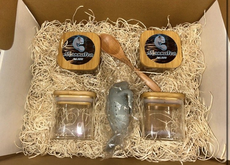A Manna Tea gift box with two labeled bamboo-lid jars, two empty glass jars, a wooden spoon and a manatee tea infuser nested in wood shavings