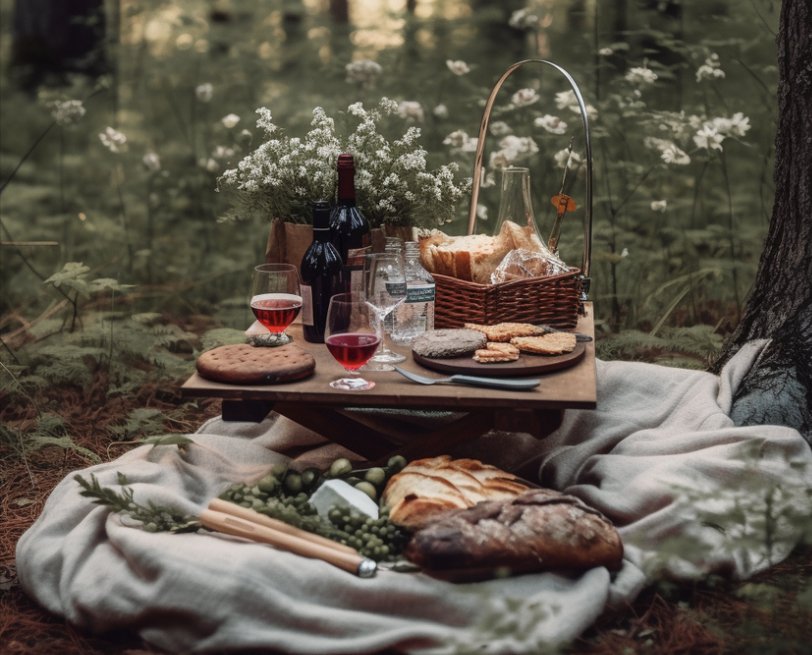 A woodland picnic with bread, crackers, grapes and drinks on a small wooden table and blanket