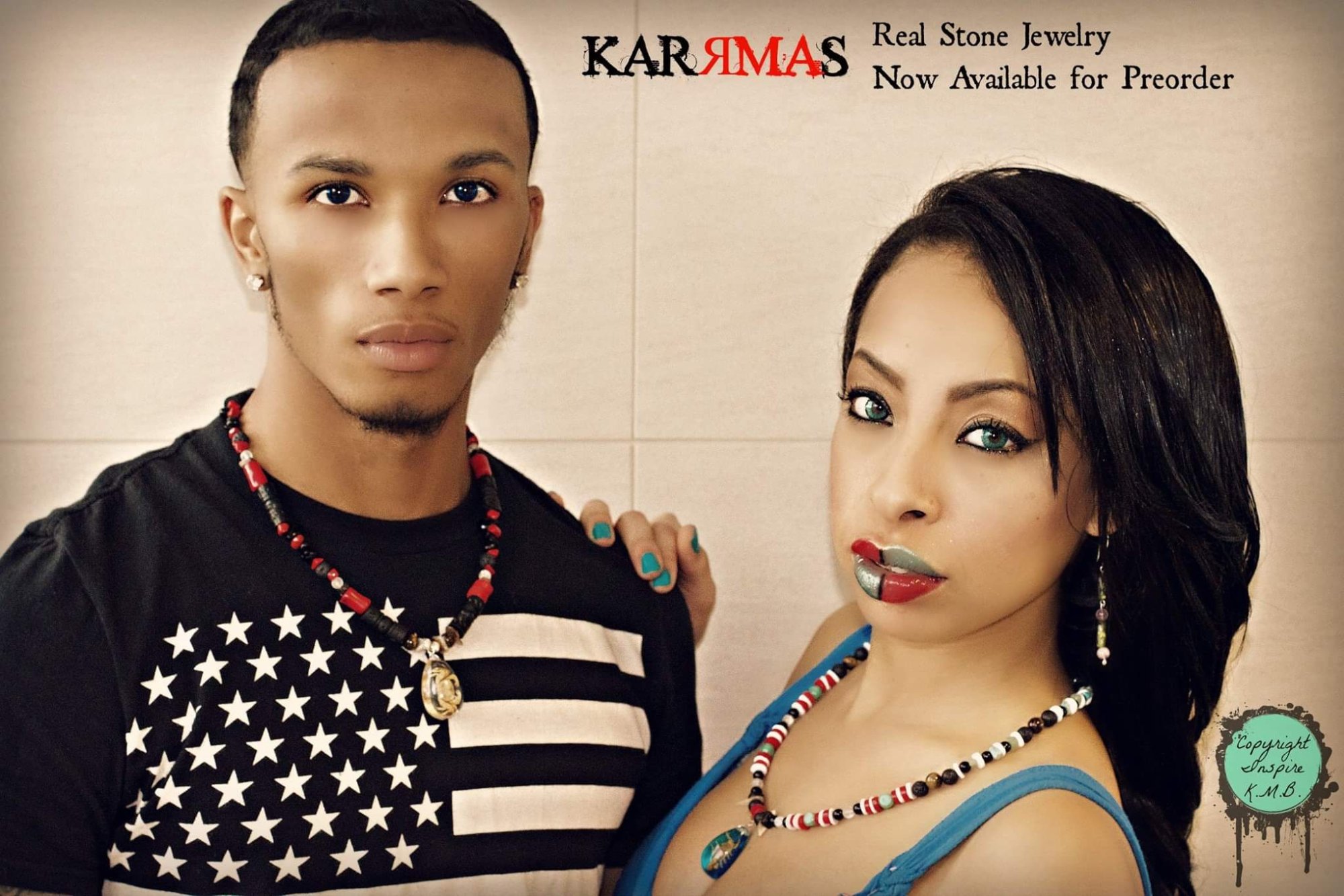 A young man in a black stars-and-stripes shirt and a woman with a half red, half silver lip, both wearing Karrma real stone beaded necklaces, with the text Karrma's Real Stone Jewelry, Now Available for Preorder