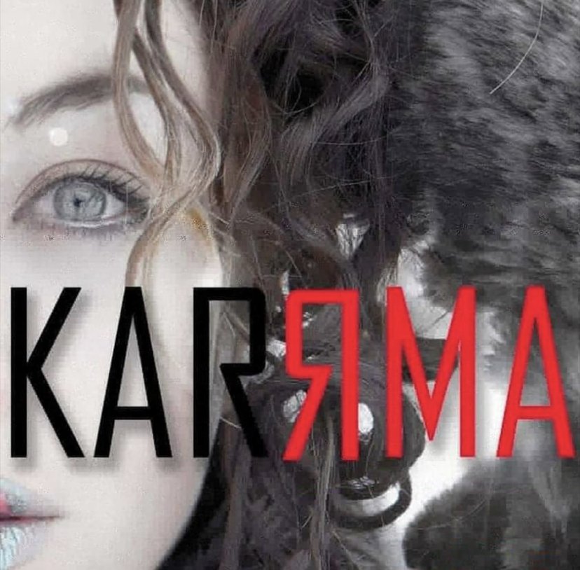 Half of a woman's face with a light eye and curly hair beside the word Karrma, with the R reversed in red