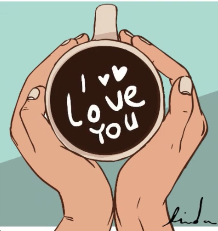 Illustration of two hands holding a mug with the words I love you written in the coffee